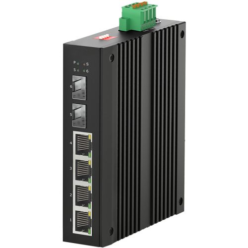 Unmanaged Industrial PoE Switch, DIN-rail, 4x10/100/1000Base-T RJ45 PoE ports + 2x1000Base-X SFP ports, IEEE 802.3af and 802.3at PoE+ compliant, IP40 protection level, compact design, -40 ~ +75℃ operating temperature, 44~57VDC redundant power inputs