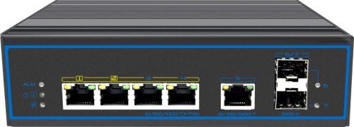 Unmanaged Industrial PoE Switch, DIN-Rail, 4x10/100/1000M PoE++ (ports 1&2 with max 90W output) +  1x10/100/1000M RJ45 + 2x1000M SFP ports,  IEEE 802.3af/at/bt compliant, VLAN, PoE watchdog and alarm relay, -40~+75℃, 48~57VDC redundant power inputs