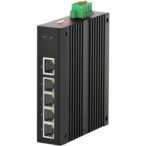Unmanaged Industrial Switch, DIN-rail, 4x10/100/1000Base-T RJ45 ports + 1x10/100/1000Base-T RJ45 uplink port, IP40 protection level, compact design, -40 ~ +75℃ operating temperature, 12~58VDC redundant power inputs. 