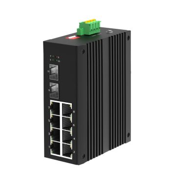   Unmanaged Industrial Switch, DIN-rail, 8x10/100/1000Base-T RJ45 ports + 2x1000Base-X SFP (SC/ST/FC optional) ports, IP40 protection level, compact design, -40 ~ +75℃ operating temperature, 12~58VDC redundant power inputs. 