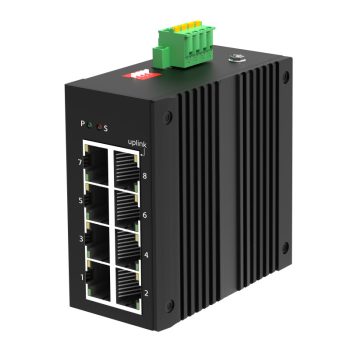   Unmanaged Industrial Switch, DIN-rail, 8x10/100/1000Base-T RJ45 ports (Port 8 as uplink port), IP40 protection level, compact design, -40 ~ +75℃ operating temperature, 12~58VDC redundant power inputs. 