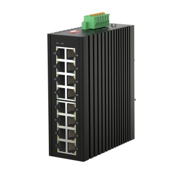   Unmanaged Industrial PoE Switch, DIN-rail, 16x10/100/1000Base-T RJ45 PoE ports, IEEE 802.3af and 802.3at PoE+ compliant, IP40 protection level, compact design, -40 ~ +75℃ operating temperature, 44~57VDC redundant power inputs. 