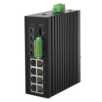  L2 Managed Industrial Switch, DIN-rail, 8x10/100/1000Base-T RJ45 + 4x1000/2500Base-X SFP ports, with DI/DO/RS485/Modbus and USB config port, IP40 protection level, compact design, -40 ~ +75℃ operating temperature, 12~58VDC redundant power inputs