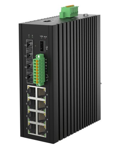 L2 Managed Industrial Switch, DIN-rail, 8x10/100/1000Base-T RJ45 + 4x1000/2500Base-X SFP ports, with DI/DO/RS485/Modbus and USB config port, IP40 protection level, compact design, -40 ~ +75℃ operating temperature, 12~58VDC redundant power inputs