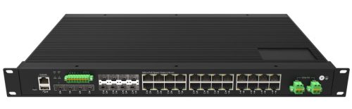 L3 Managed Industrial PoE Switch, 1U 19" rm, 16x10/100/1000Base-T RJ45 PoE + 8x1GbE Combo+4x1G/2.5G/10GBase-X SFP+ ports, 802.3af/at/bt, DI/DO/RS485/Modbus and USB ports, IP40, -40~+75℃, dual DC input