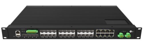 L3 Managed Industrial Switch, 1U 19-inch rack mount, 16x100/1000Base-X SFP + 8x1GE Combo + 4x1G/2.5G/10GBase-X SFP+ ports, DI/DO/RS485/Modbus and USB config port, IP40 protection, -40~+75℃ operating temperature, AC/DC redundant power supplies