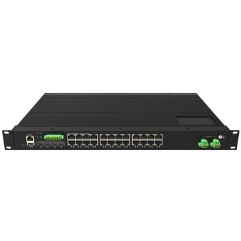   L3 Managed Industrial Switch, 1U 19-inch rack mount, 24x10/100/1000Base-T RJ45 + 4x1G/2.5G/10GBase-X SFP+ ports, DI/DO/RS485/Modbus and USB config port, IP40 protection, -40~+75℃, AC/DC redundant PSU