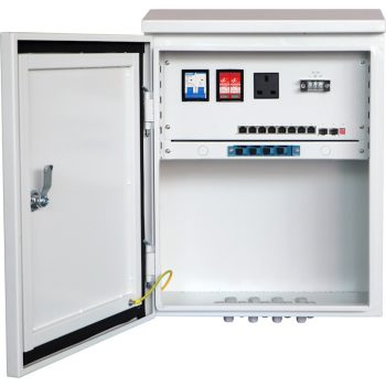   Unmanaged outdoor PoE switch with 240W PSU and backup power (w/o battery), circuit-breaker, surge protector, fiber tray, cooling fan and AC outlet. 8x10/100/1000BaseT PoE+2x1000Base-X SFP ports. IP66.