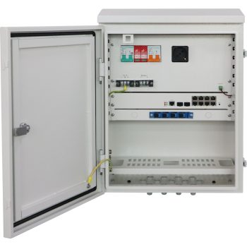   Managed outdoor PoE switch with 240W PSU and backup power (w/o battery), circuit-breaker, surge protector, fiber tray, cooling fan and AC outlet. 8x10/100/1000BaseT PoE+2x1000Base-X SFP ports. IP66.