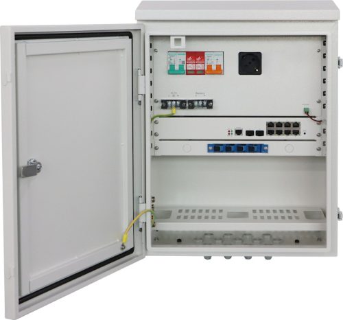 Managed outdoor PoE switch with 240W PSU and backup power (w/o battery), circuit-breaker, surge protector, fiber tray, cooling fan and AC outlet. 8x10/100/1000BaseT PoE+2x1000Base-X SFP ports. IP66.